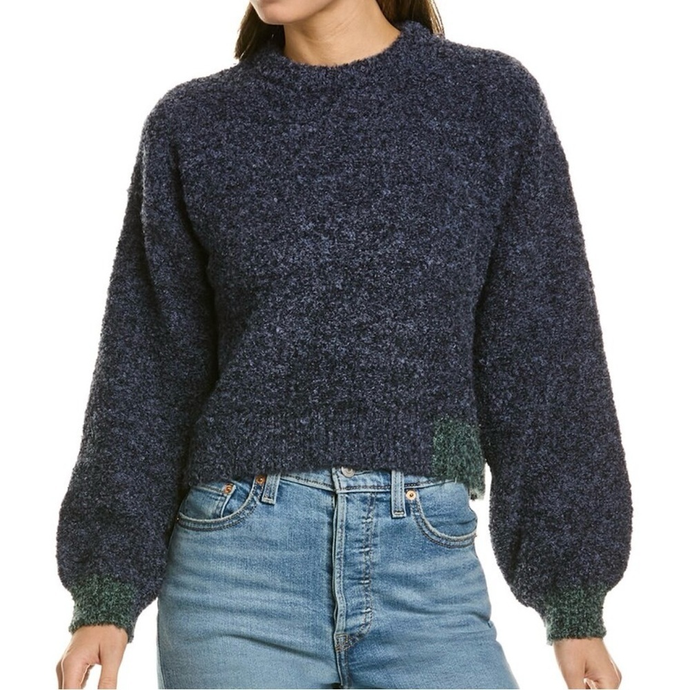 525 American Size Medium Color Pop Boucle Sweater Blue Green Bishop Sleeve